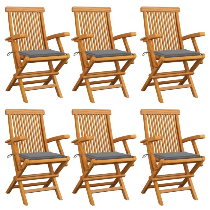 Chaises de jardin avec coussins gris lot de 6 Bois teck massif – Image 1