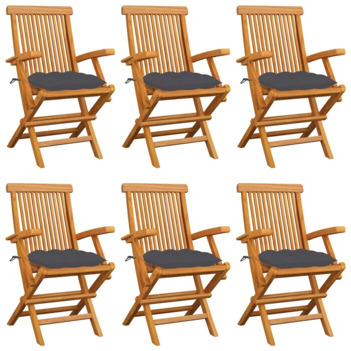 Chaises de jardin avec coussins anthracite lot de 6 Bois teck – Image 1