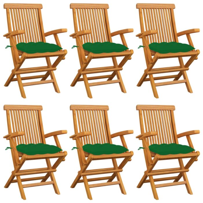 Chaises de jardin avec coussins vert lot de 6 Bois teck massif – Image 1
