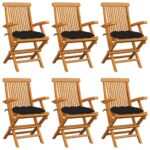 Chaises de jardin avec coussins noir lot de 6 Bois teck massif