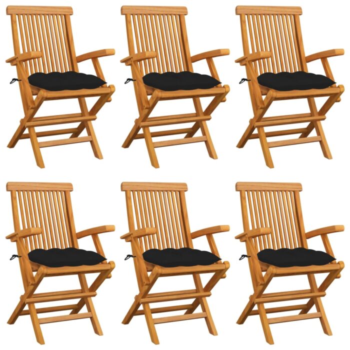 Chaises de jardin avec coussins noir lot de 6 Bois teck massif – Image 1