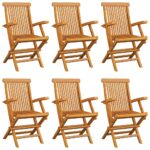Chaises de jardin avec coussins noir lot de 6 Bois teck massif – Image 2