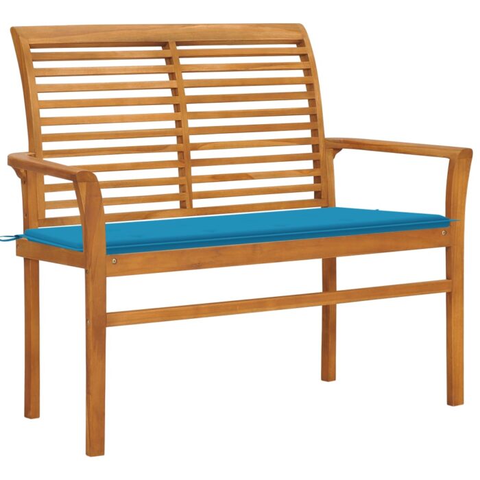 Banc de jardin avec coussin bleu 112 cm Bois de teck massif – Image 1