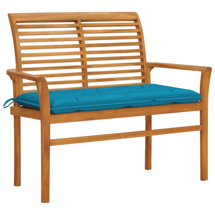 Banc de jardin avec coussin bleu clair 112 cm Bois de teck – Image 1