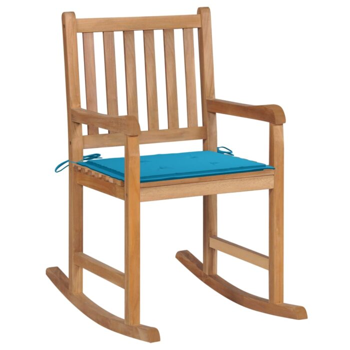Chaise à bascule avec coussin bleu Bois de teck solide – Image 1