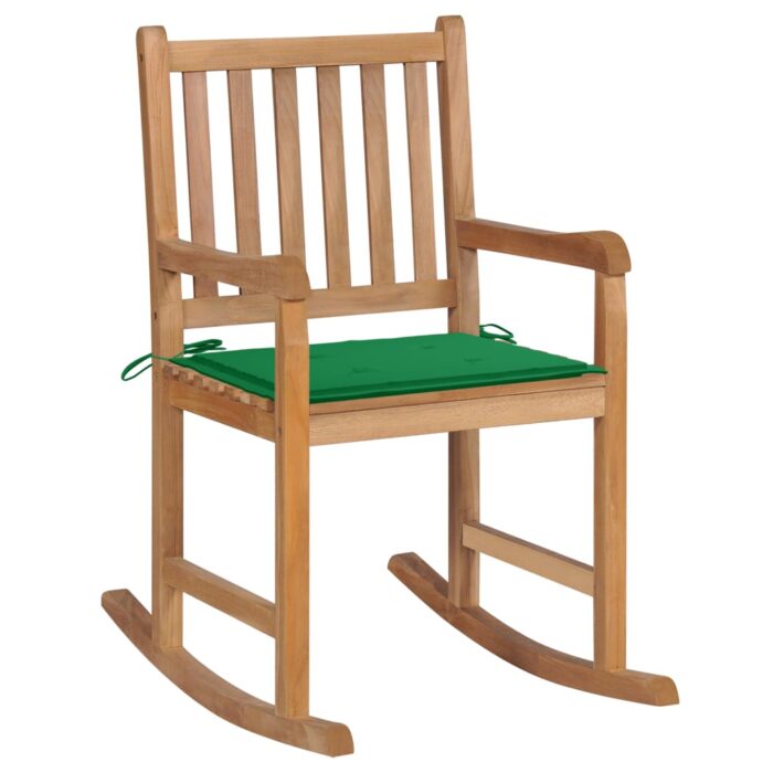 Chaise à bascule avec coussin vert Bois de teck solide – Image 1