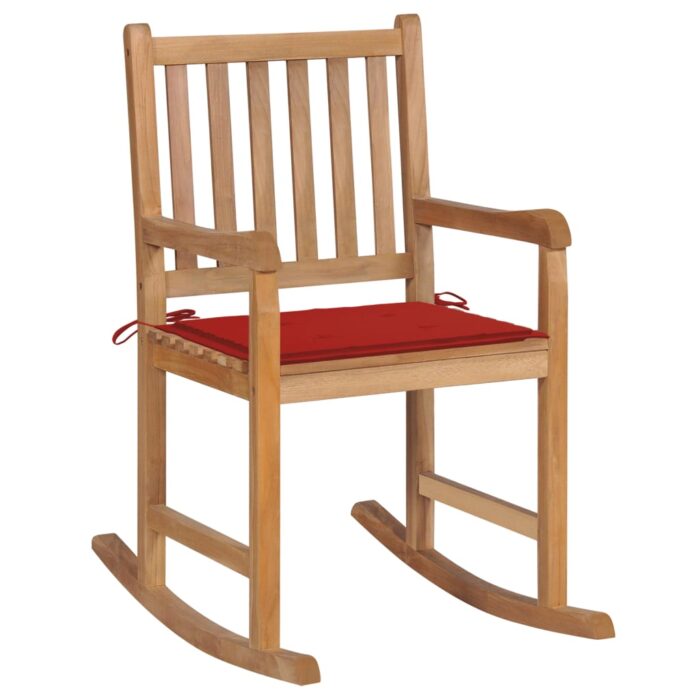 Chaise à bascule avec coussin rouge Bois de teck solide – Image 1