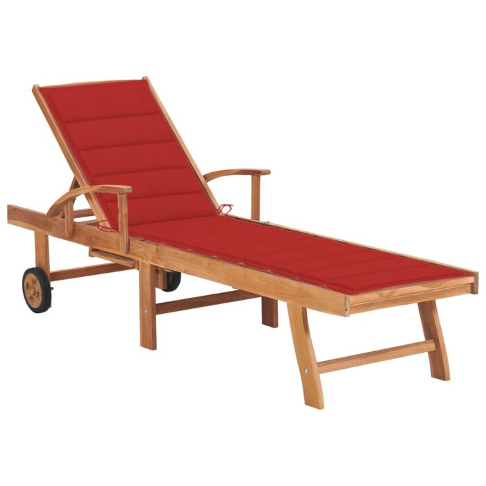 Chaise longue avec coussin rouge Bois de teck solide – Image 1