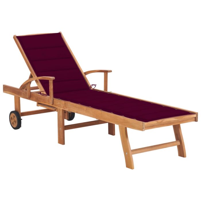 Chaise longue avec coussin rouge bordeaux Bois de teck solide – Image 1