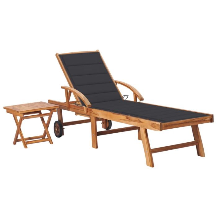 Chaise longue avec table et coussin Bois de teck solide – Image 1