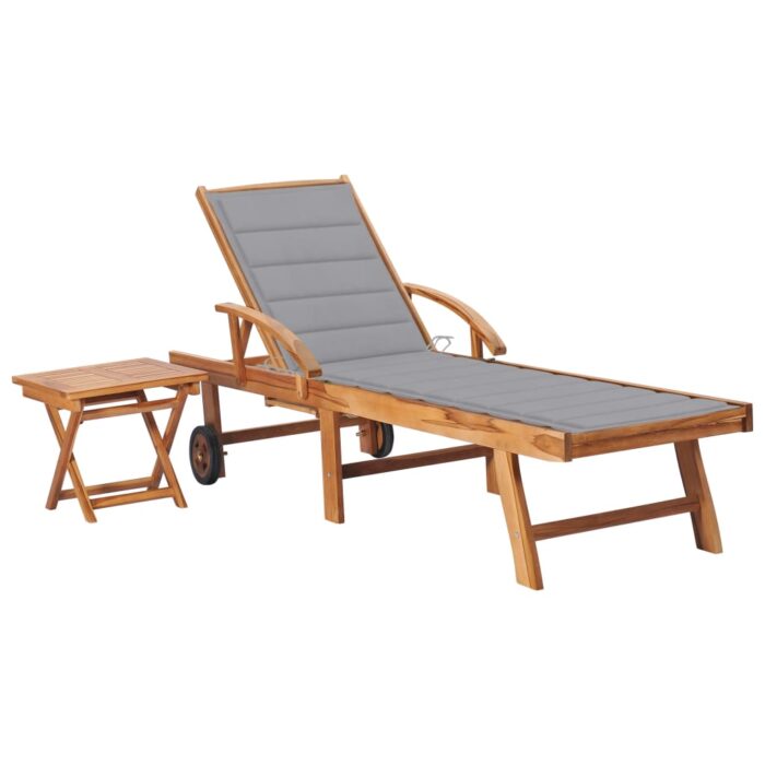 Chaise longue avec table et coussin Bois de teck solide – Image 1