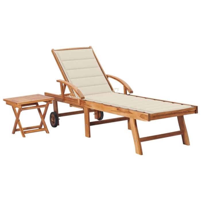 Chaise longue avec table et coussin Bois de teck solide – Image 1