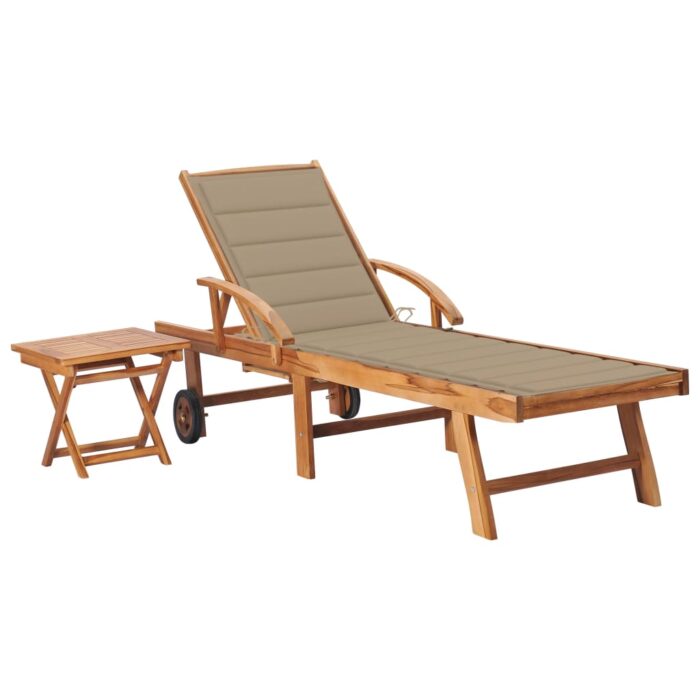 Chaise longue avec table et coussin Bois de teck solide – Image 1