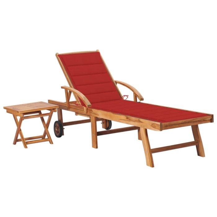 Chaise longue avec table et coussin Bois de teck solide – Image 1