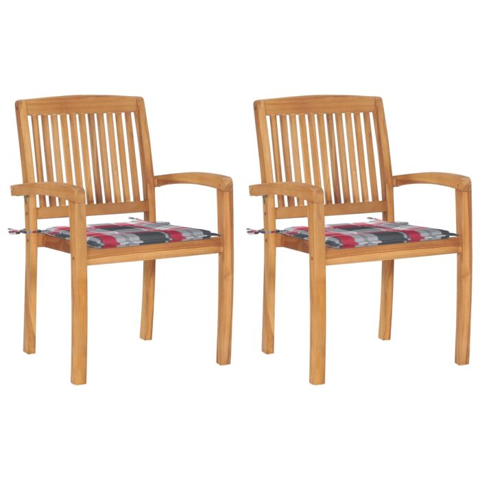 Chaises de jardin lot de 2 avec coussins à carreaux rouges Teck – Image 1