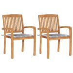 Chaises de jardin lot de 2 avec coussins à carreaux gris Teck
