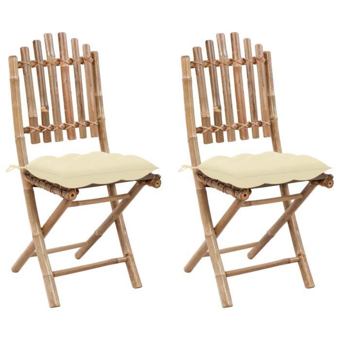 Chaises pliables de jardin lot de 2 avec coussins Bambou – Image 1