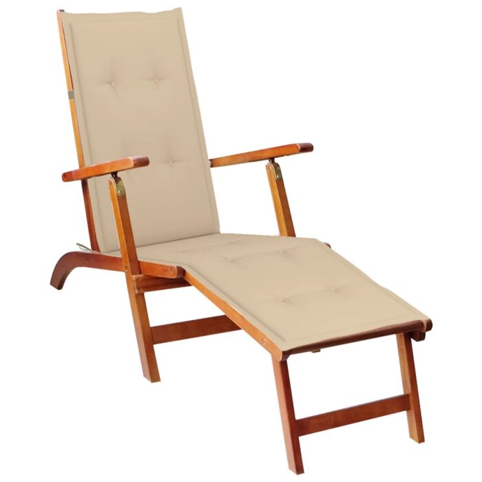 Chaise longue d'extérieur repose-pied et coussin Acacia solide – Image 1