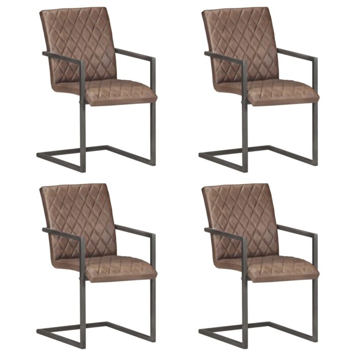 Chaises à manger cantilever lot de 4 marron cuir véritable – Image 1