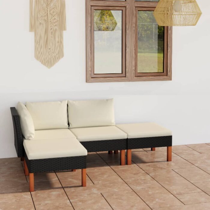 Salon de jardin 4 pcs avec coussins Résine tressée Noir – Image 1