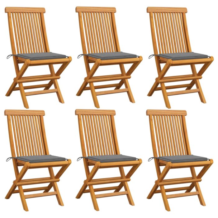 Chaises de jardin et coussins gris lot de 6 Bois de teck massif – Image 1