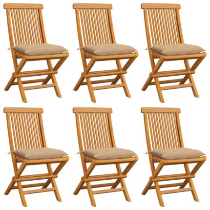 Chaises de jardin et coussins beige lot de 6 Bois teck massif