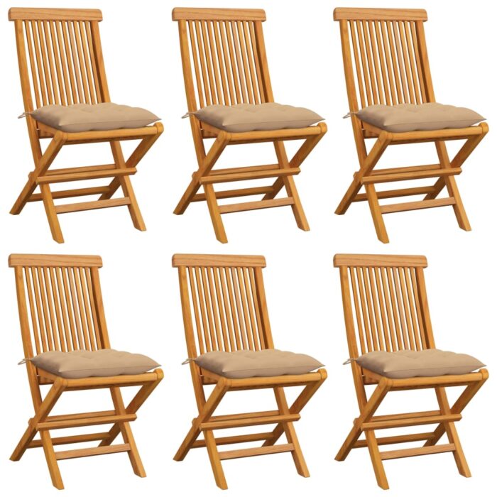 Chaises de jardin et coussins beige lot de 6 Bois teck massif – Image 1