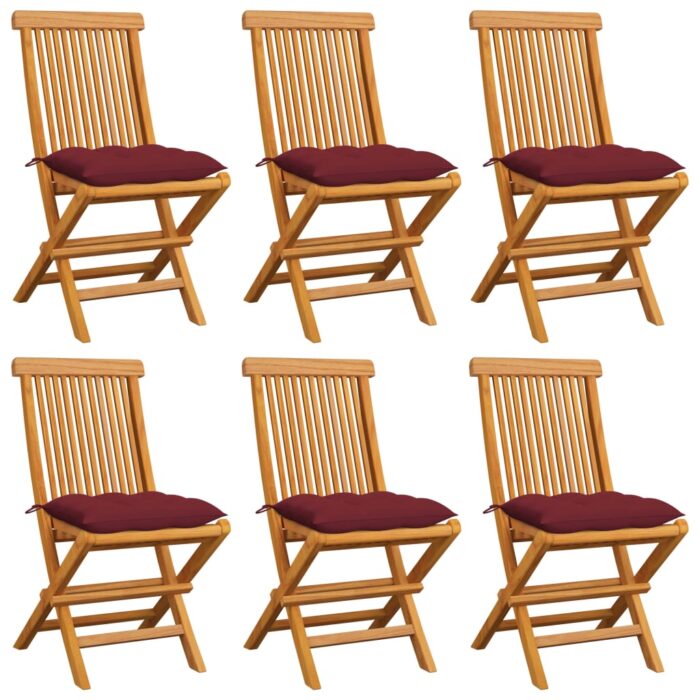 Chaises de jardin avec coussins rouge bordeaux lot de 6 Teck – Image 1