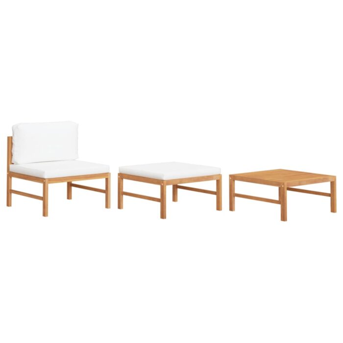 Salon de jardin 3 pcs avec coussins crème Bois de teck – Image 1
