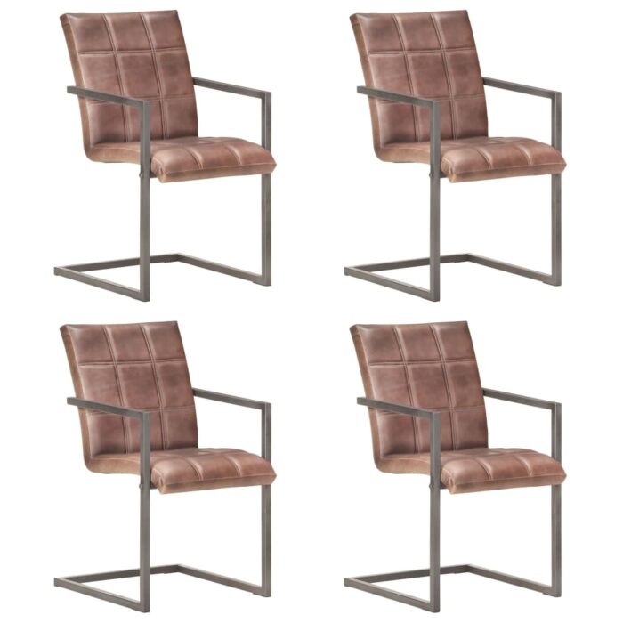 Chaises à manger cantilever lot de 4 marron cuir véritable – Image 1
