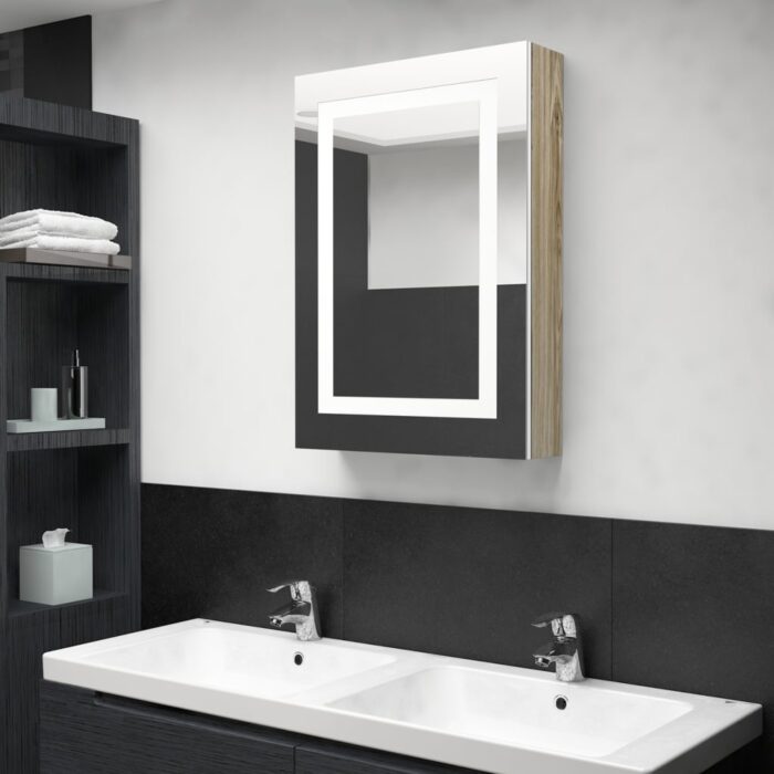 Armoire de salle de bain à miroir LED blanc et chêne 50x13x70cm – Image 1