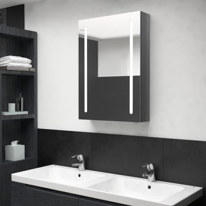 Armoire de salle de bain à miroir LED gris brillant 50x13x70 cm – Image 1