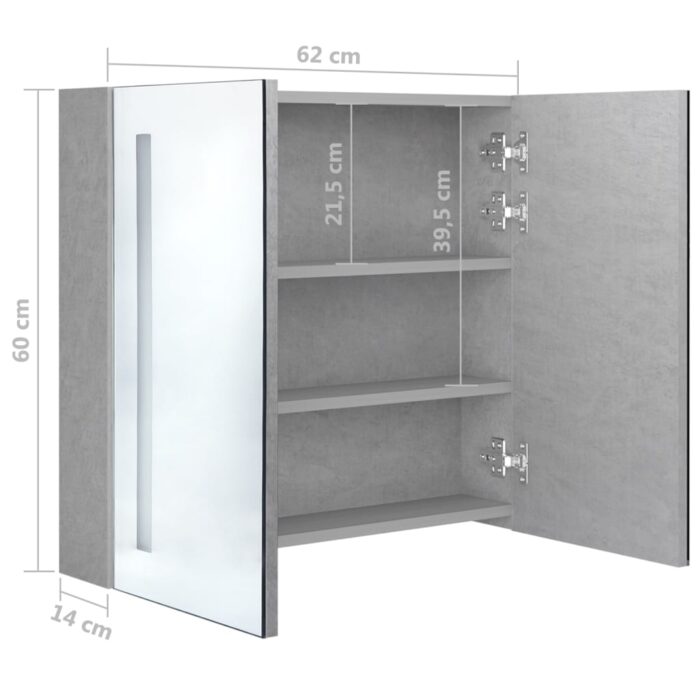 Armoire de salle de bain à miroir LED Gris béton 62x14x60 cm – Image 6
