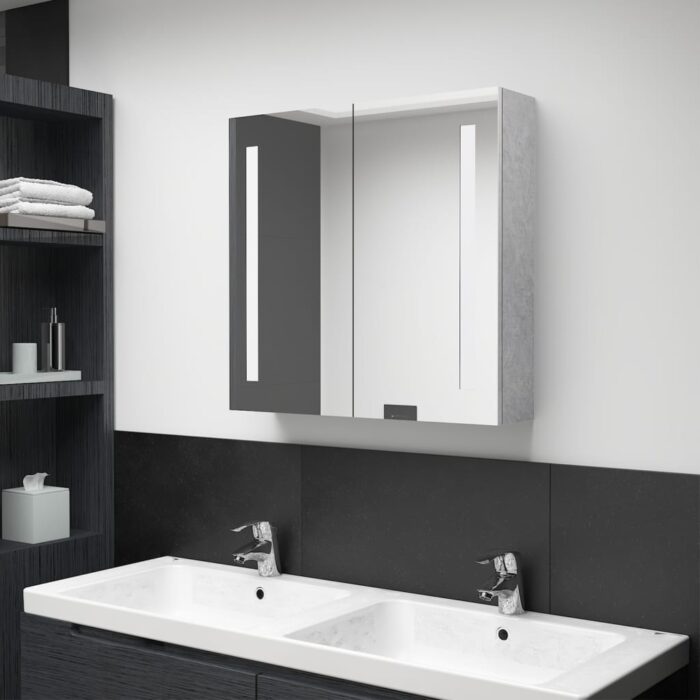 Armoire de salle de bain à miroir LED Gris béton 62x14x60 cm – Image 1