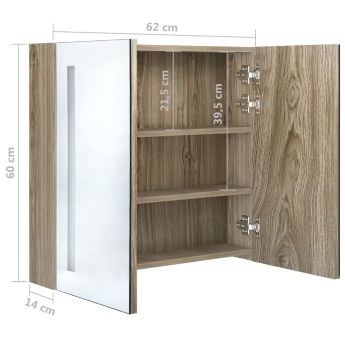 Armoire de salle de bain à miroir LED Chêne 62x14x60 cm – Image 6