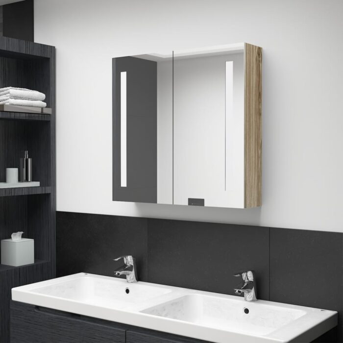 Armoire de salle de bain à miroir LED Chêne 62x14x60 cm – Image 1