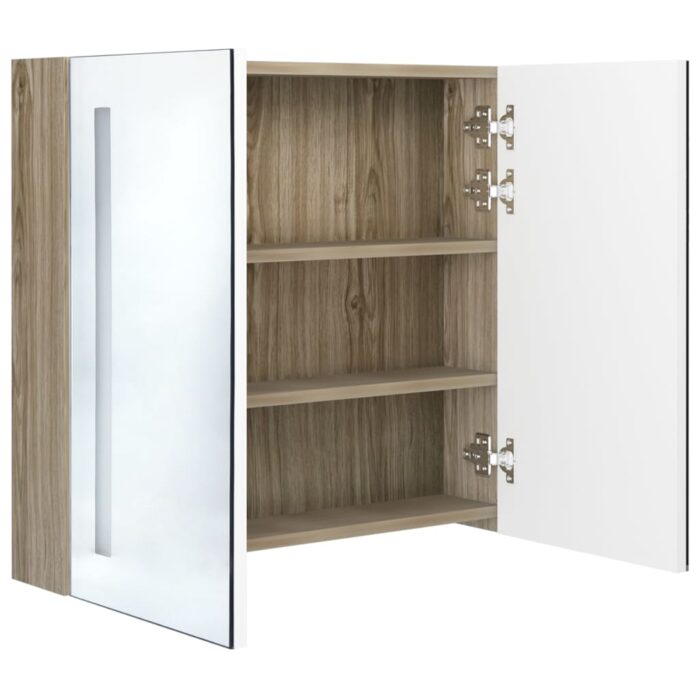 Armoire de salle de bain à miroir LED blanc et chêne 62x14x60cm – Image 3