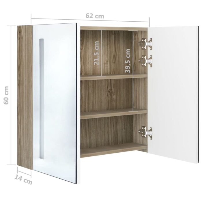 Armoire de salle de bain à miroir LED blanc et chêne 62x14x60cm – Image 6