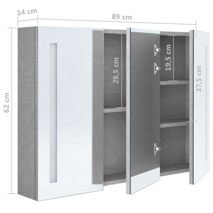 Armoire de salle de bain à miroir LED Gris béton 89x14x62 cm – Image 6