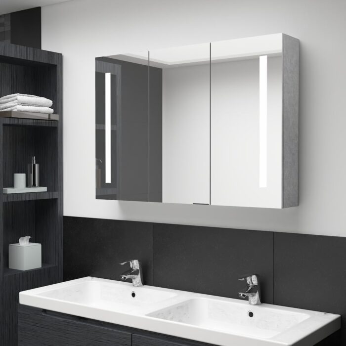 Armoire de salle de bain à miroir LED Gris béton 89x14x62 cm – Image 1