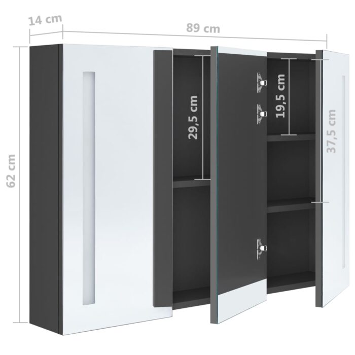 Armoire de salle de bain à miroir LED 89x14x62 cm Gris – Image 6