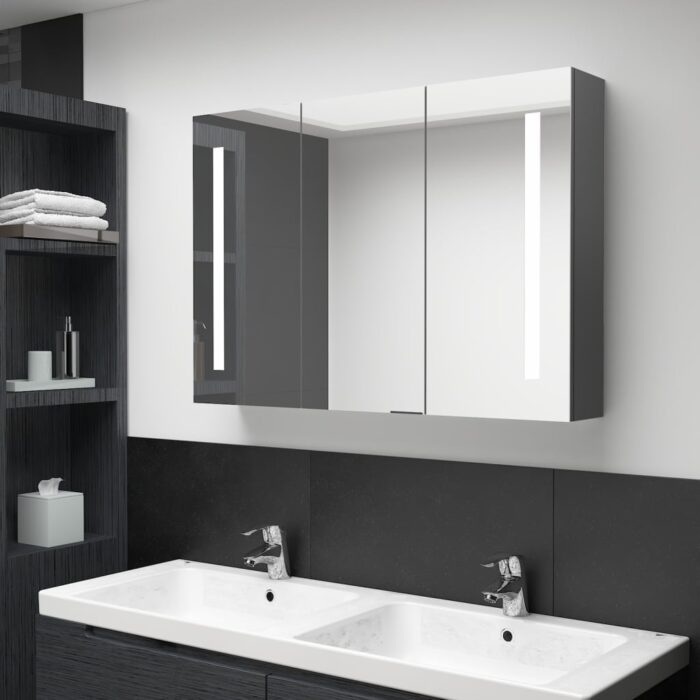 Armoire de salle de bain à miroir LED 89x14x62 cm Gris – Image 1