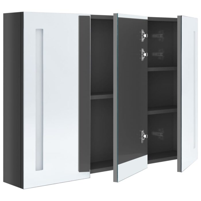 Armoire de salle de bain à miroir LED 89x14x62 cm Gris brillant – Image 2