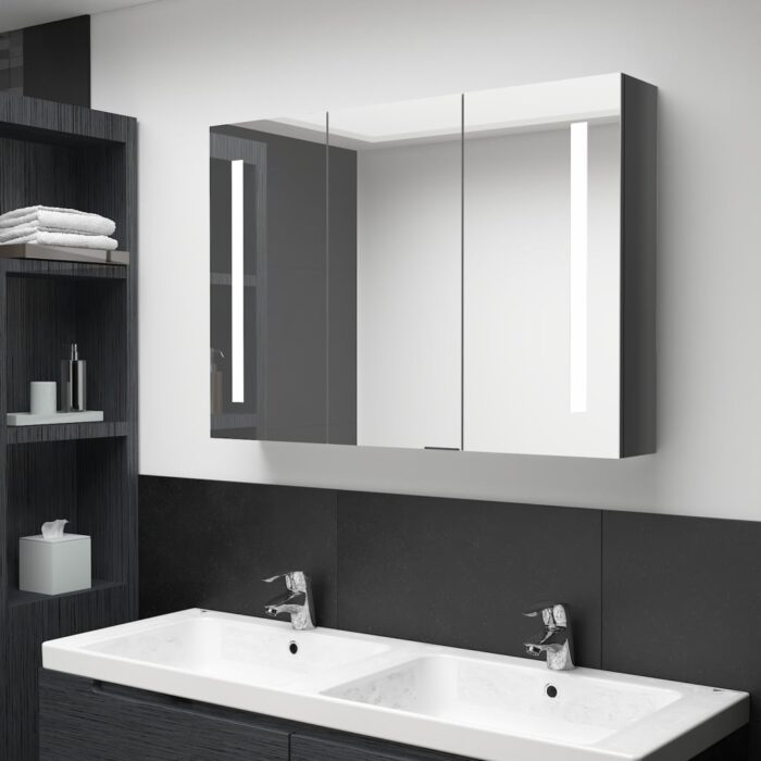 Armoire de salle de bain à miroir LED 89x14x62 cm Gris brillant – Image 1