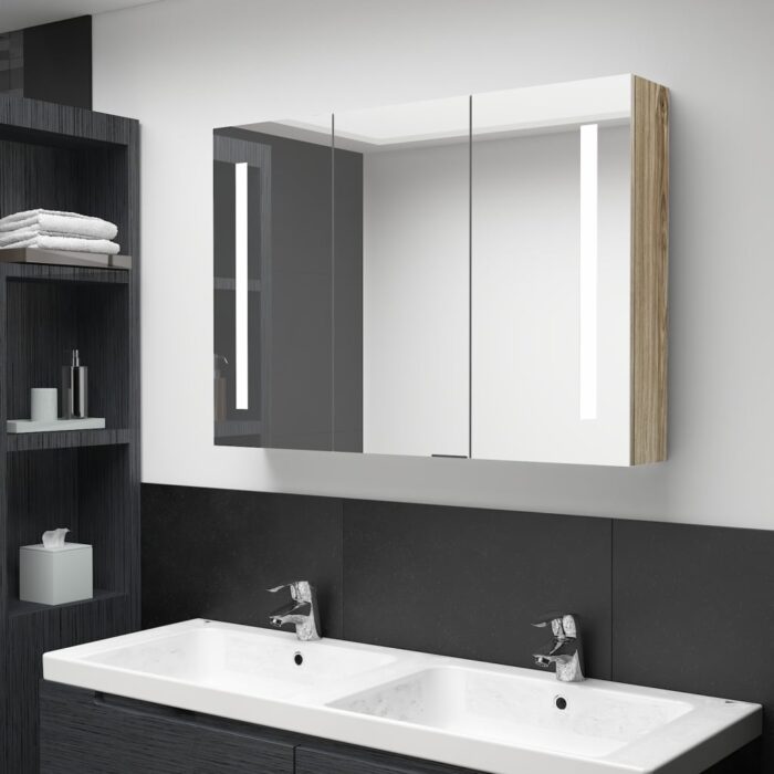 Armoire de salle de bain à miroir LED 89x14x62 cm chêne – Image 1