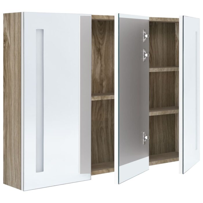 Armoire de salle de bain à miroir LED 89x14x62cm blanc et chêne – Image 3