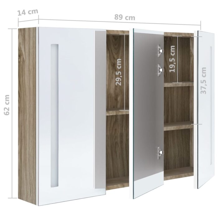 Armoire de salle de bain à miroir LED 89x14x62cm blanc et chêne – Image 6