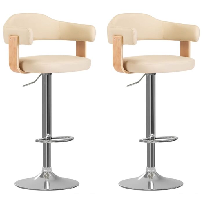 Tabourets de bar lot de 2 crème bois courbé et similicuir – Image 1