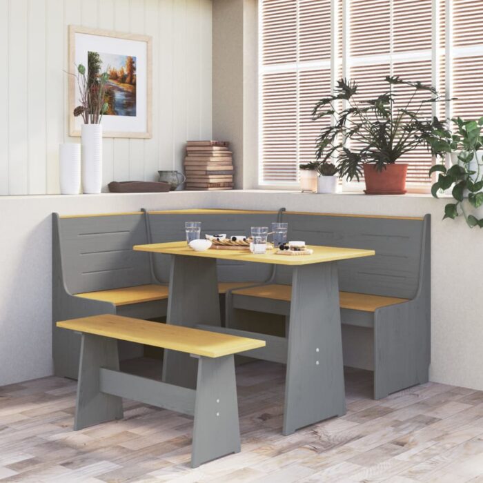 Banc d'angle REINE 151cm marron miel et gris bois de pin solide – Image 1