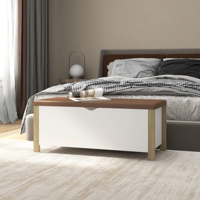 Boîte de rangement et coussin Blanc/chêne 105x40x45cm Aggloméré – Image 1